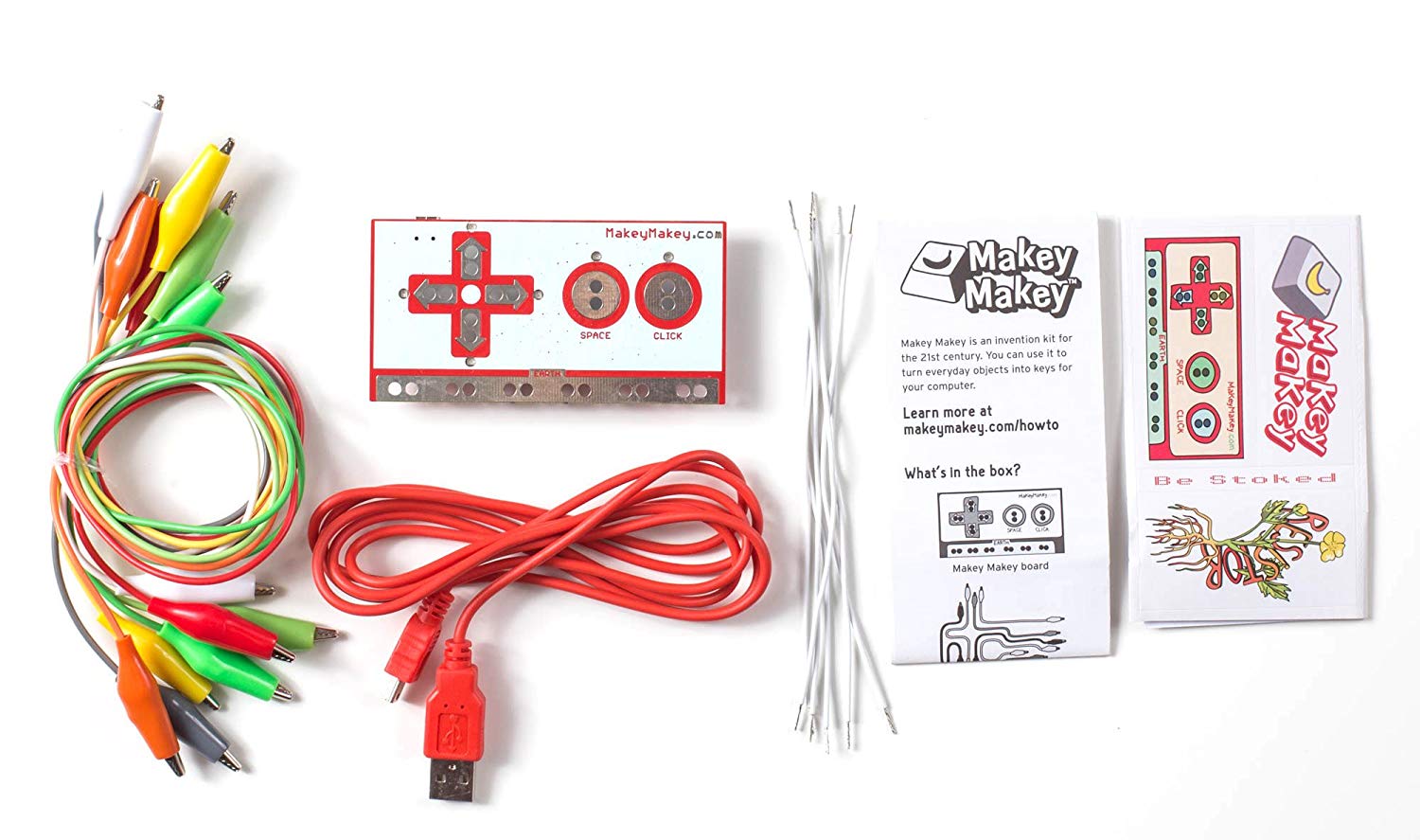 Makey Makey STEM kit with red, yellow, and green wires. 