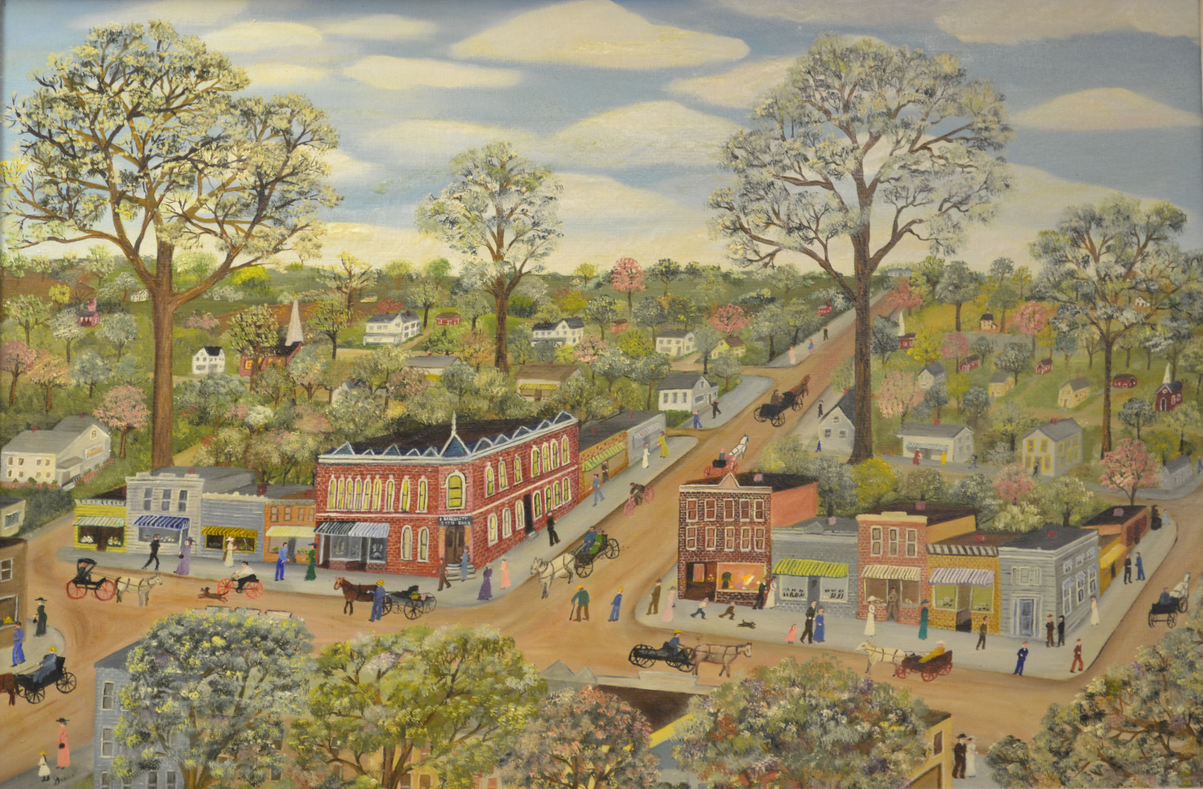 Vintage painted print of four corners crossroad, Mount Pleasant, MI.