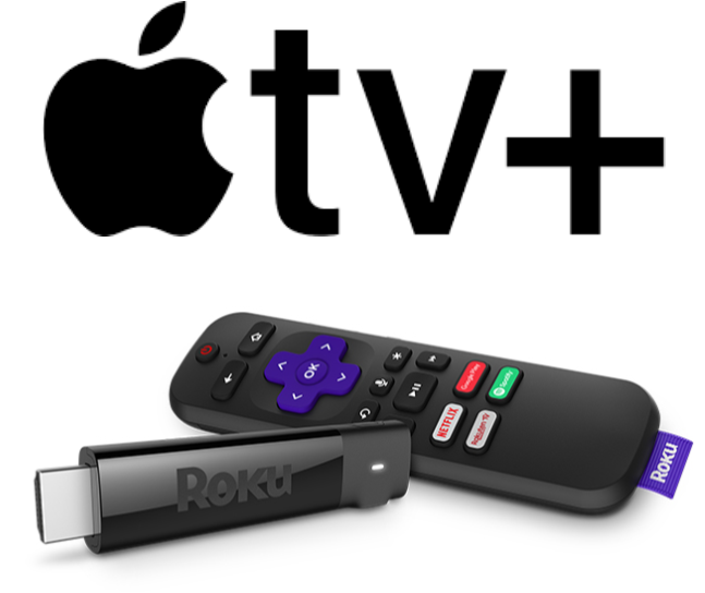 Image of Roku Streaming Stick with remote and Apple TV+ logo