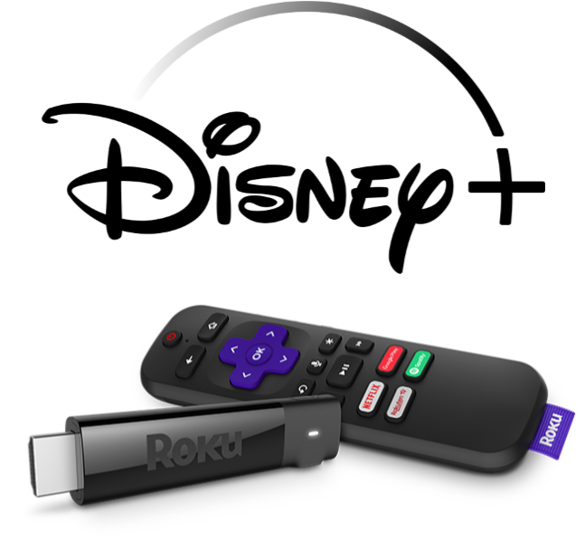 Image of Roku Streaming Stick with remote and Disney+ Logo