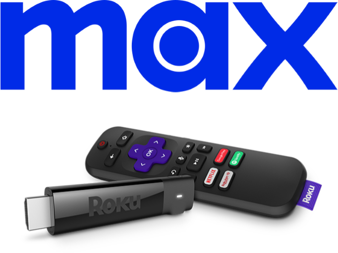 Image of a Roku Streaming Stick and remote with Max logo
