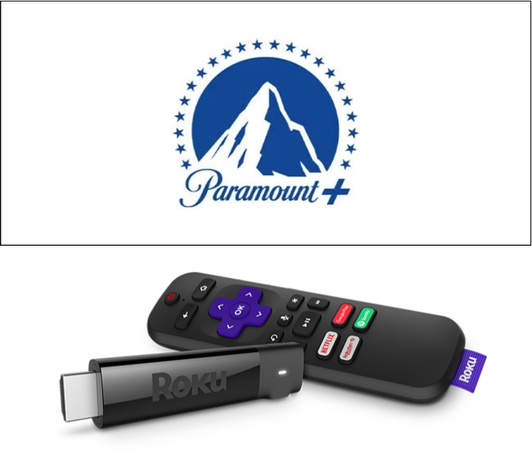 Image of Roku Streaming Stick with remote and Paramount+ logo
