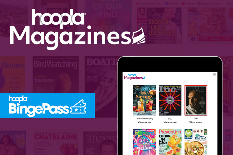 Images of a tablet with magazine covers. "hoopla Magazines"