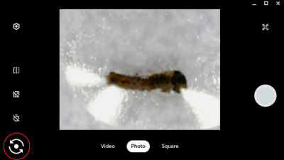 Image of Chromebook Camera app with red circle around camera swap button.