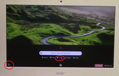 Image of Chromebook screen with red circles around App and Camera links.