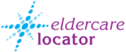 Eldercare locator logo with sunburst patter in blue. 