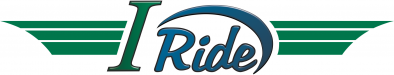 I Ride logo in blue and green. 