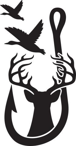 An illustration of a fishing hook with a buck's head and antlers sitting inside the hook, with geese flying overhead.