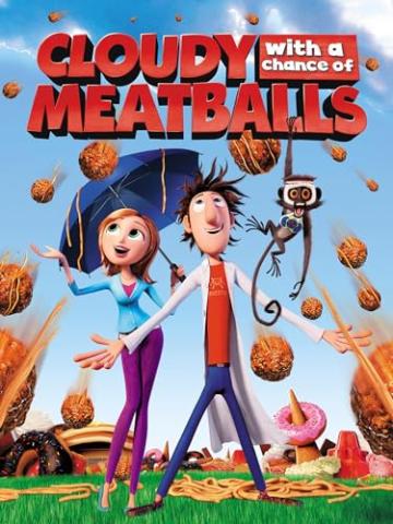 Animated characters under an umbrella with meatballs raining on them.