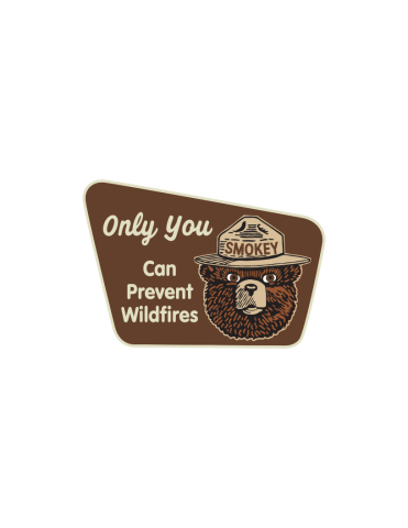 National Park sign with Smokey Bear's head wearing a hat, "Only you can prevent wildfires"