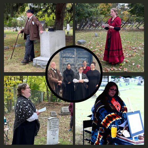 Collage of photos, people dressed in clothing from the late 1800s standing in the cemetery.