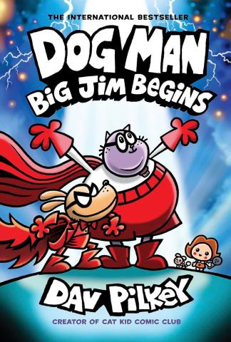 Book Illustration cover of "Dog Man." A cartoon dog wearing a red super hero suit with mask.