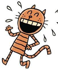 Illustration of a orange and black striped cat standing up and laughing.