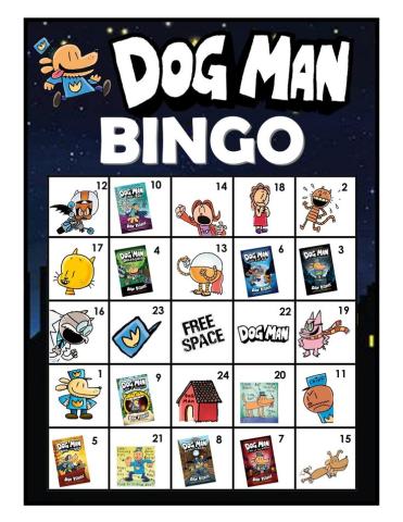 This is an illustration of a "Dog Man" BINGO card, with "Dog Man" books and characters filling the BINGO squares.