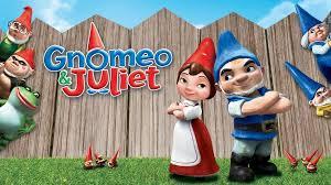 "Gnomeo and Juliet" Illustration of garden gnomes standing in a yard with a brown picket fence behind them.