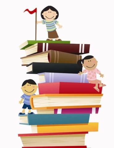 Illustration of kids climbing up a stack of books with a girl at the top holding a flag.