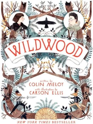 Photo of the cover of Wildwood includes trees, woodland creatures and two characters looking towards one another. 