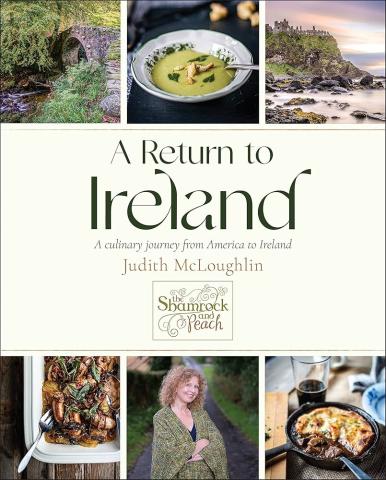 Cover of 'A Return to Ireland' cookbook featuring a scenic landscape of rolling green hills and a quaint stone cottage. In the forefront, a table is set with traditional Irish dishes such as shepherd's pie, soda bread, and a steaming cup of tea. The title is written in bold, elegant script, with the subtitle 'Rediscover the Delicious Recipes and Enduring Traditions of the Emerald Isle' prominently displayed. A charming shamrock motif decorates the corners, adding a touch of Irish charm. The warm, inviting c