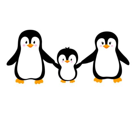 Illustration of three penguins. Two larger and one smaller, holding hands with each other.