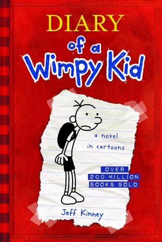 Cover of “Diary of a Wimpy Kid” by Jeff Kinney, featuring a red background and a doodle of a skinny boy with a backpack on a torn notebook page.