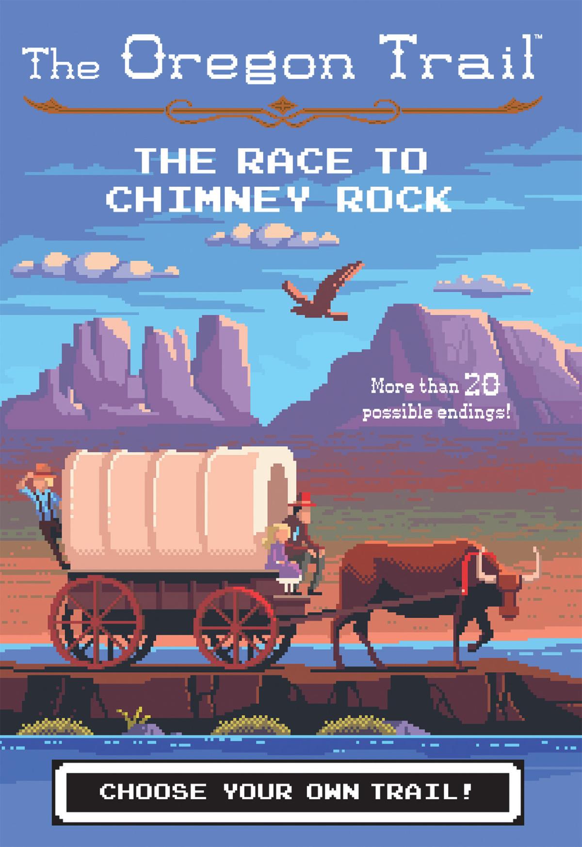 Covered wagon being pulled by oxen alonside a river with mountains in the background. "The Oregon Trail. The Race to Chimney Rock"