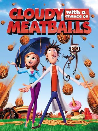 Animated characters under an umbrella with meatballs raining on them.