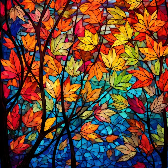 Elaborate stained glass window featuring fall leaves.