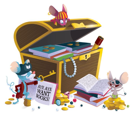 Illustration of pirate mice reading books and climbing on a treasure chest with books inside.