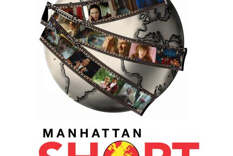 Globe wrapped in film reel with images on the reel. "Manhattan Short"